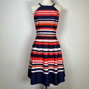 Vince Camuto Striped Scuba Halterneck Pleated Fit And Flare Dress Women’s Size 2